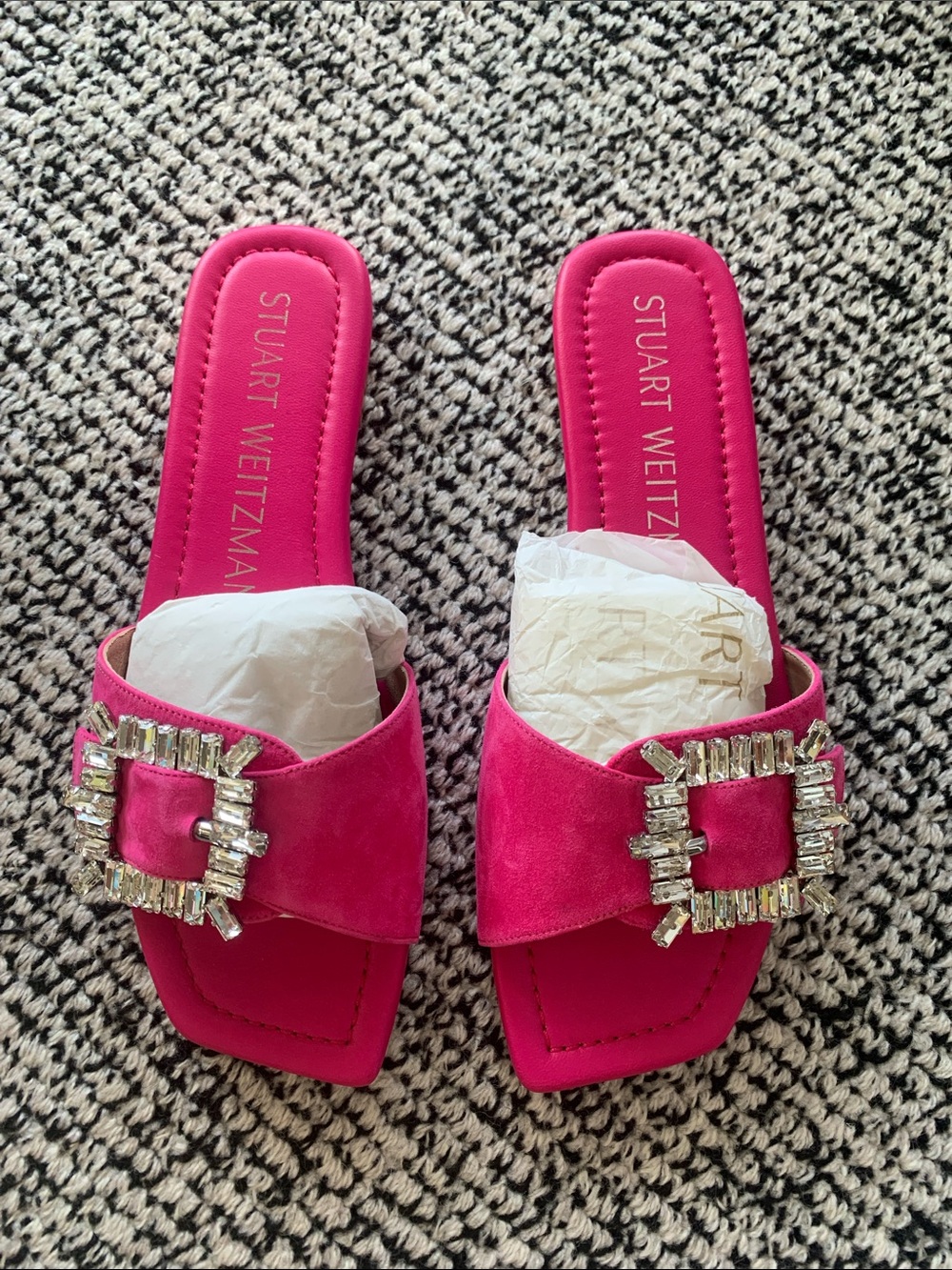 Stuart Weitzman Hot Pink Suede Crystal Buckle Slide Sandals size 61/2 worn once